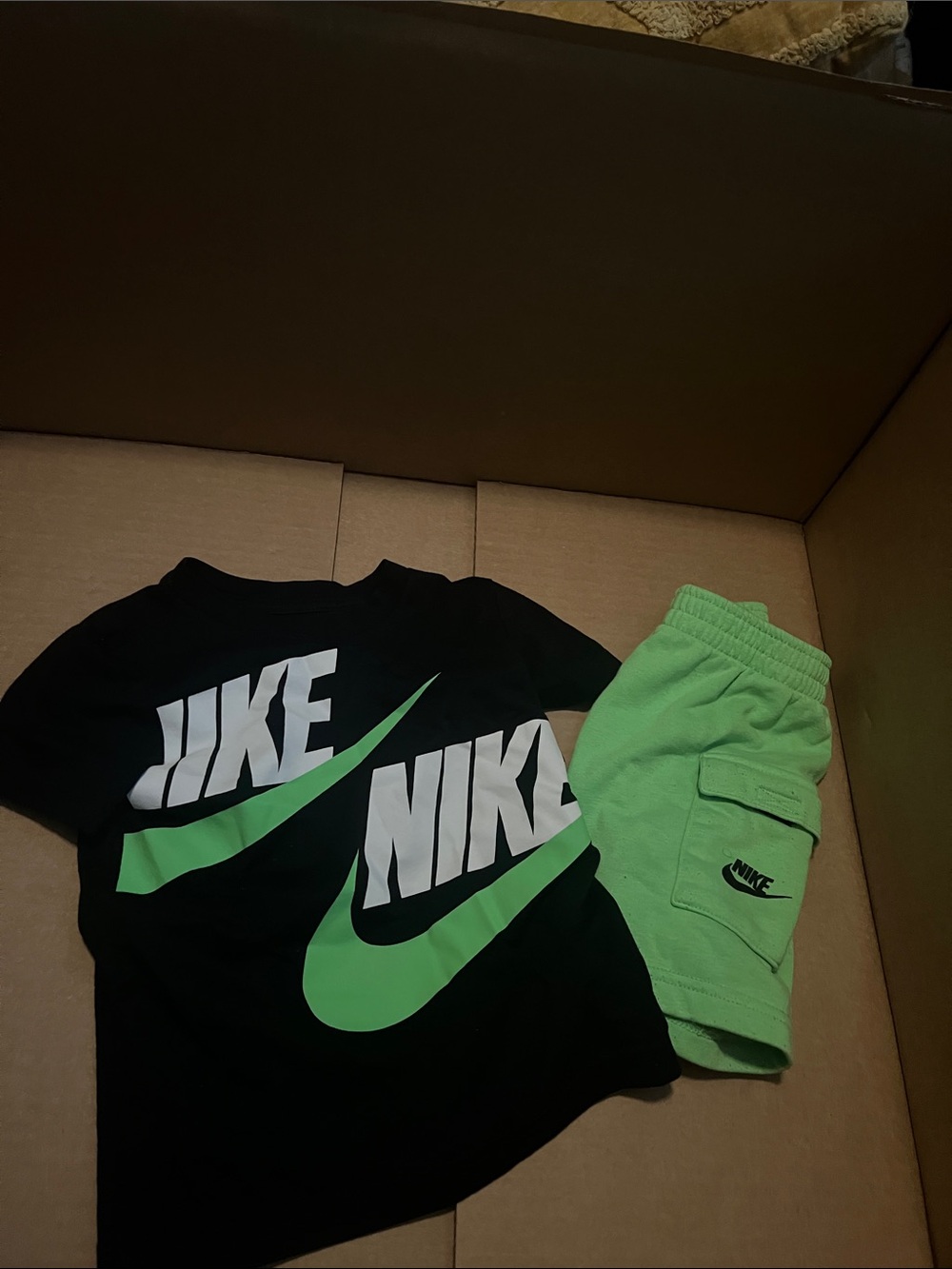 Nike Black Tee with Lime Green Swoosh and Green Shorts